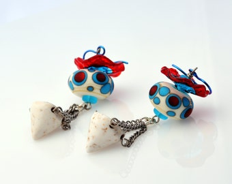 Red, Teal and White Lampwork Earrings - My Circus - Bold Dangle Earrings - Artisan Jewelry by Honey from the Bee