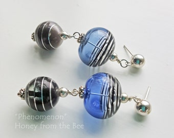 Phenomenon - Sapphire Blue and Black Cat's Eye Earrings - Blue Lampwork earrings - Artisan Jewelry by Honey from the Bee