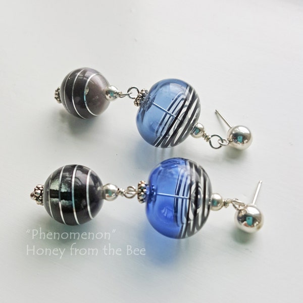 Phenomenon - Sapphire Blue and Black Cat's Eye Earrings - Blue Lampwork earrings - Artisan Jewelry by Honey from the Bee