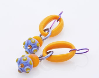 Yellow and Lavender dangle earrings - Lavender and yellow lampwork earrings - Artisan Jewelry by Honey from the Bee