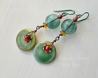 Ceramic and Lampwork earrings in green, copper and yellow - Artisan Jewelry by Honey from the Bee