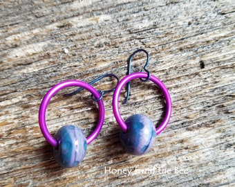 Berry Hoop Earrings - fucshia, teal and purple lampwork earrings - bright colorful earrings