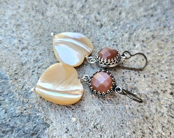 Mother of Pearl Heart Earrings with rose cut peach moonstone - Artisan Jewelry by Honey from the Bee