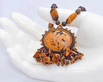 Tiger Eye Necklace: Peanut Stone, Bead Embroidered Artisan Jewelry