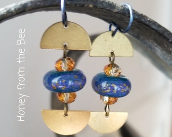 Brass and Blue lampwork earrings - Atlantis - Copper, Gold, Blue earrings - Artisan Jewelry by Honey from the Bee