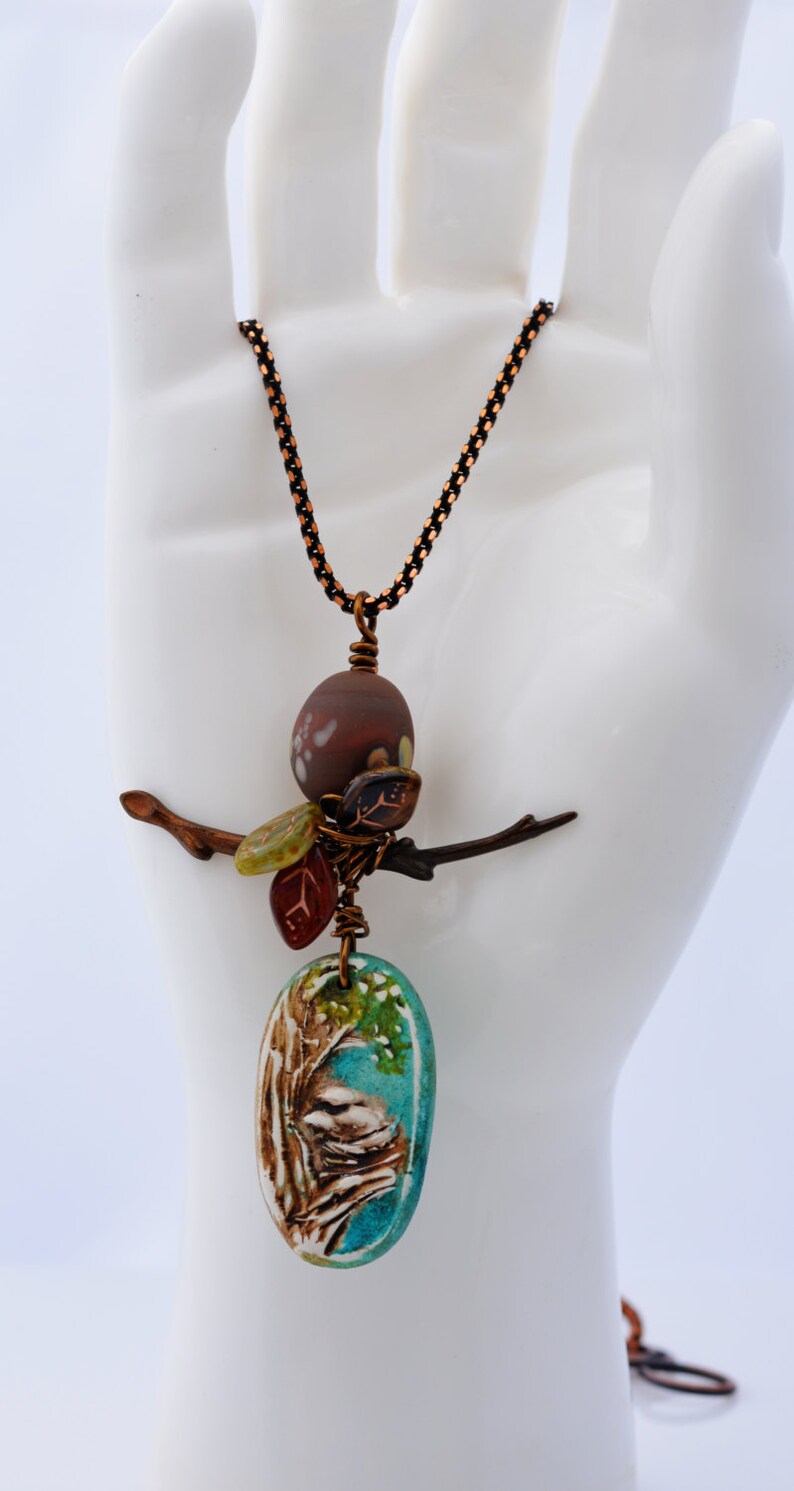 Bird's Nest Pendant Lampwork egg, wire-wrapped, artisan polymer focal Spring Necklace image 2