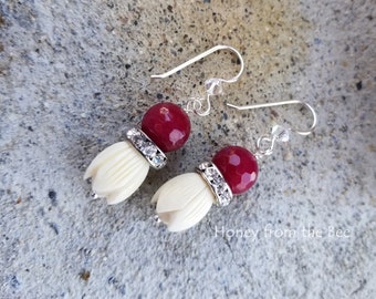 Berry color earrings - crystal earrings - flower earrings - Artisan Jewelry by Honey from the Bee