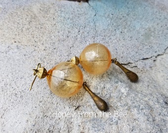 Yellow ball earrings - rustic boho earrings - artisan earrings - Artisan Jewelry by Honey from the Bee