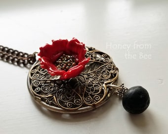 Red Poppy Medallion Necklace – Filigree, Vintage Buckle, Artisan Jewelry