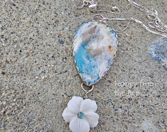 Beach pendant - Plume Agate in aqua and white - Artisan Jewelry by Honey from the Bee