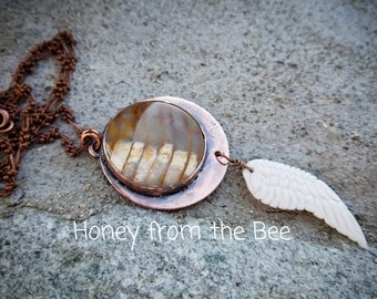 Boho pendant in copper and bone - Petrified wood and carved bone wing necklace - Artisan Jewelry by Honey from the Bee