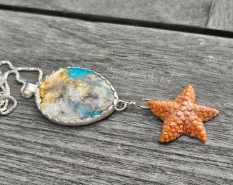 Plume Agate necklace with Starfish dangle in aqua and orange - Artisan Jewelry by Honey from the Bee