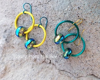 Orbit Dichroic Earrings - bright teal and chartreuse earrings - hoop earrings - Artisan Jewelry by Honey from the Bee