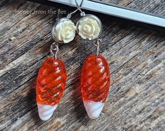 White Rose Earrings -  Orange and white earrings - Artisan Jewelry by Honey from the Bee