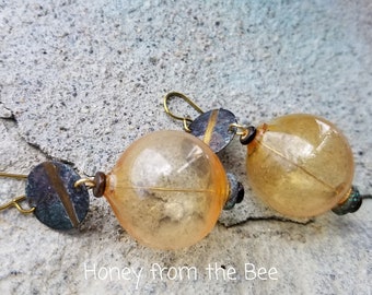 Golden yellow earrings feature hollow lampwork and verdigris brass   - lightweight artisan earrings - Artisan Jewelry by Honey from the Bee