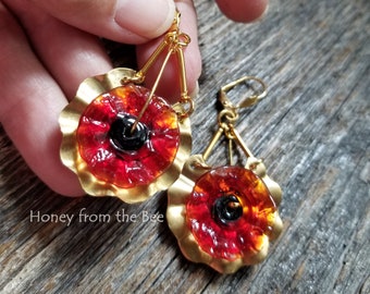 Ribbon and Poppy Earrings - Red Poppy earrings - Honor our Veterans - red lampwork earrings - Artisan Jewelry by Honey from the Bee