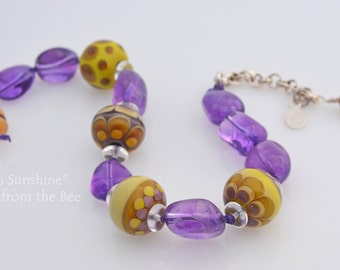 Amethyst and Lampwork Bracelet - Amethyst bracelet - Boho style bracelet - purple beaded bracelet - Artisan Jewelry by Honey from the Bee