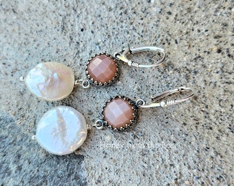 Peach Moonstone and Pearl Earrings - Rose Cut Moonstone in pink and coin pearl earrings - Artisan Jewelry by Honey from the Bee