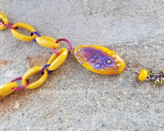 Yellow and Lavender Artisan Necklace - Purple Paisley Boho necklace - Lavender and Yellow lampwork necklace