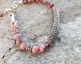 Pink bracelet with silver beads - Rhodonite bracelet - Bali silver bracelet - Artisan Jewelry by Honey from the Bee