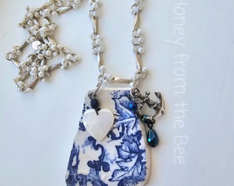 Blue and White Sea Pottery necklace - Blue and White necklace - Artisan Jewelry from Honey from the Bee