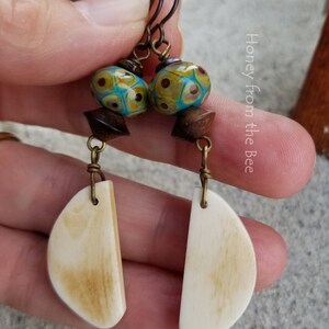 Boho style lampwork earrings teal lampwork and bone Artisan Jewelry by Honey from the Bee image 2