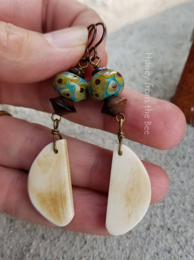 Boho style lampwork earrings teal lampwork and bone Artisan Jewelry by Honey from the Bee image 2