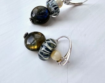 Blue and Cream earrings - Labradorite and Lampwork earrings - Artisan jewelry from Honey from the Bee