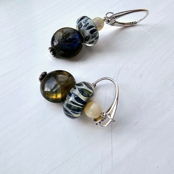 Blue and Cream earrings - Labradorite and Lampwork earrings - Artisan jewelry from Honey from the Bee