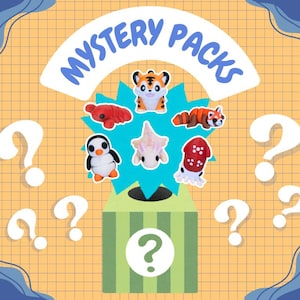 May include: An illustration of a mystery pack with various animal figurines, including a tiger, penguin, and red panda. The words "Mystery Packs" are arched above the figurines. Question marks are scattered around the image on a yellow grid background.