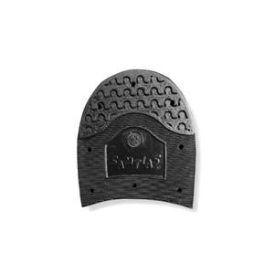 May include: Black rubber shoe sole with a textured design. The sole has a patterned top section and a rectangular area with the brand name "SANTAS". The sole has multiple small holes and is designed for footwear.