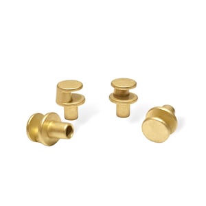 May include: Four small, brass-colored metal rivets. The rivets have various shapes, including a cylindrical post with a flat head, and a post with a curved, hook-like design. The rivets are likely used for leathercraft or similar projects.