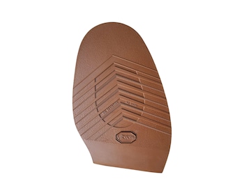 May include: A brown rubber shoe sole with a textured pattern and the word "Vibram" printed on it.