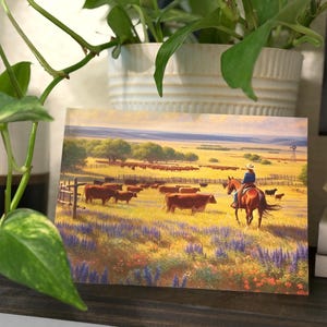 Oklahoma Cowgirl Prairie Folding Card - Watercolor of Oklahoma Grassland with Wildflowers, Cattle, and a Windmill - Bluebells