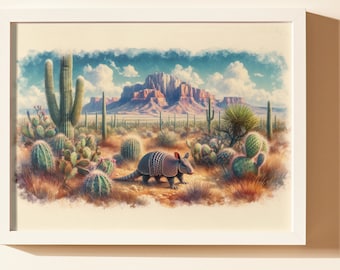 May include: A watercolour painting of an armadillo walking through a desert landscape. The armadillo is brown and grey with a shell of bony plates. The desert landscape is filled with cacti, shrubs, and a mountain range in the background.
