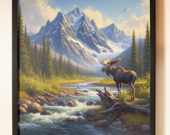 Moose River druckbare Wandkunst, Elch Druck, Cabin Decor, digitale Kunst, Fluss Druck,maschinen Siebdruck,Glacier-Nationalpark Kunst, Idaho druckbare Kunst