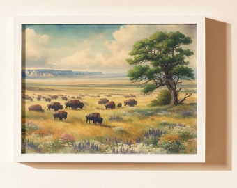 Peut inclure: Une peinture à l'aquarelle représentant un troupeau de bisons broutant dans un champ de fleurs sauvages. Les bisons sont bruns et noirs, et les fleurs sauvages sont de différentes couleurs, notamment le violet, le jaune et le blanc. En arrière-plan, on voit un grand arbre et une chaîne de montagnes au loin.