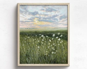 Great Wide Open // Prairie Sunset Queen Anne's lace Art Print on Canvas or Paper // Vertical Landscape Painting