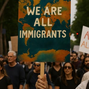 Póster imprimible "Todos somos inmigrantes": arte mural digital de unidad global con fondo de mapa del mundo pintado a mano para protestar o decorar.