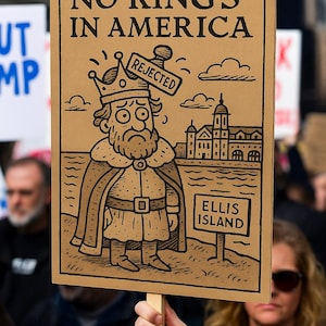 no kings in america protest poster – rejected cartoon king at ellis island, funny political print, vintage-style digital download