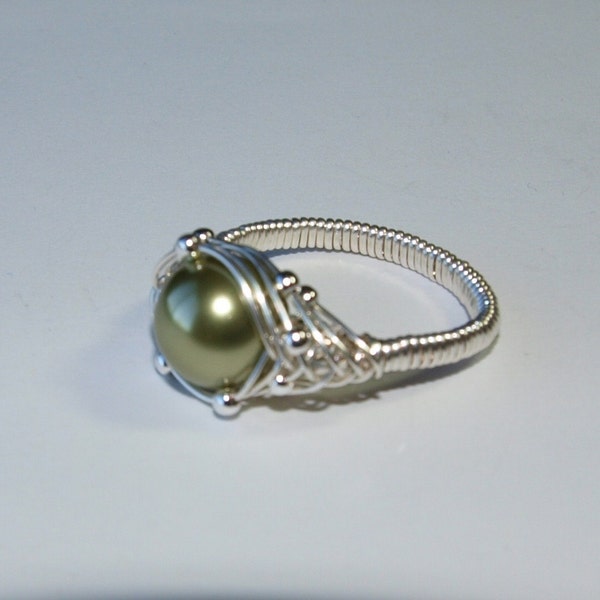 10mm SWAROVSKI PALE GREEN  PEARL WRAPPED IN SILVER RING