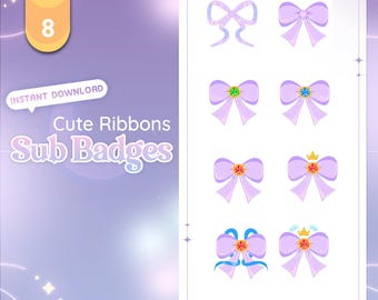 May include: Set of eight cute purple ribbon sub badges with different embellishments, including stars, crowns, and jewels. The badges are available in three sizes: 18x18, 36x36, and 72x72.