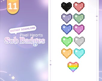 8-Bit Hearth Sub Badges - Set of 11 | Pixel Art Heart Icons for Streamers | Subscriber Badge
