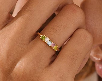 Personalized Heart Birthstone Ring, Family Birthstone Ring, 18K Gold Daily Ring, Birthstone Ring, Birthstone Jewelry Gift, Mother's Gift