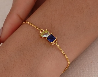 Custom Two Birthstone Bracelet, Square & Teardrop Gemstone Bracelet, Personalized Birthstone Jewelry, Couples Gift for Her, Gift for Mom