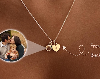 Personalized Photo and Birthstone Necklace, Custom Name Heart Pendant Necklace, Memorial Picture Projection Jewelry, Christmas Gift for her