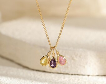 Custom Birthstone Necklace, Multiple Birthstone Necklace, Family Birth Month Necklace, Teardrop Gemstone Jewelry, Mothers Day Gift, for Her