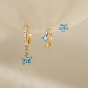 Set di orecchini con pietre portafortuna a forma di fiore personalizzati, orecchini a cerchio con diamanti delicati, orecchini con pietre preziose floreali, gioielli da sposa, regalo di Natale per lei