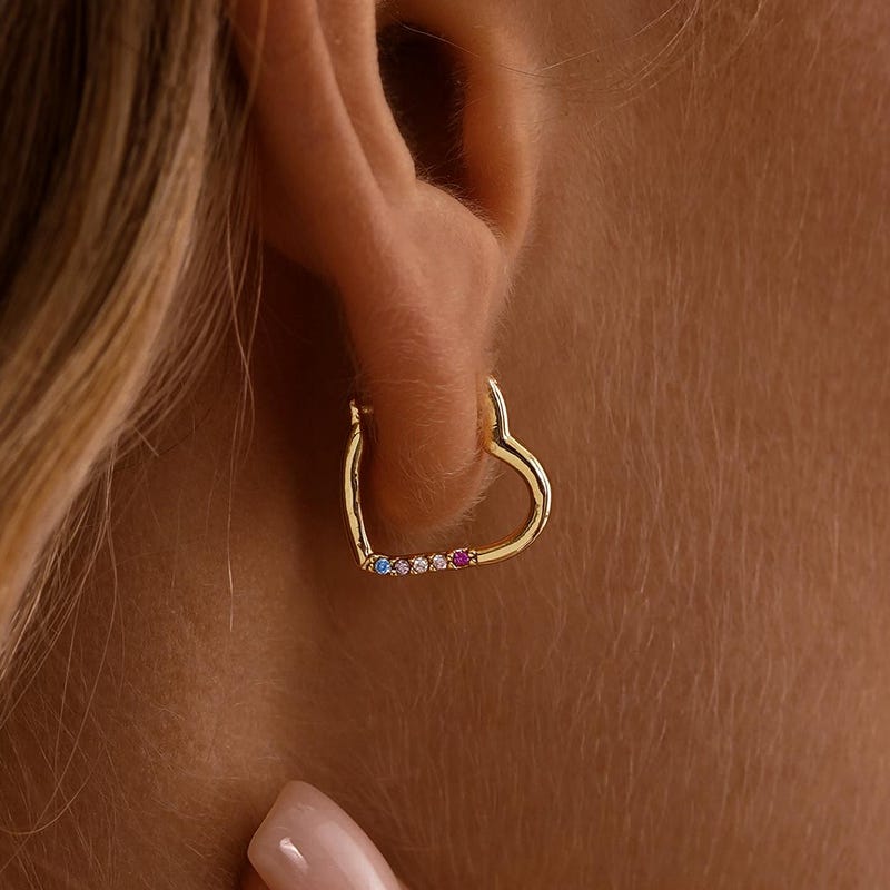 Personalized Birthstone Heart Huggies Earrings, Tiny Birthstone Hoop Earring, Daily Jewlery, Birthday Gift for Mom, Christmas Gifts for Her