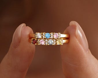 Personalized Birthstone Ring with Diamond, Custom Family Ring for Women, Gold Stackable Ring, Dainty Birthstone Band, Birthday Gift for her